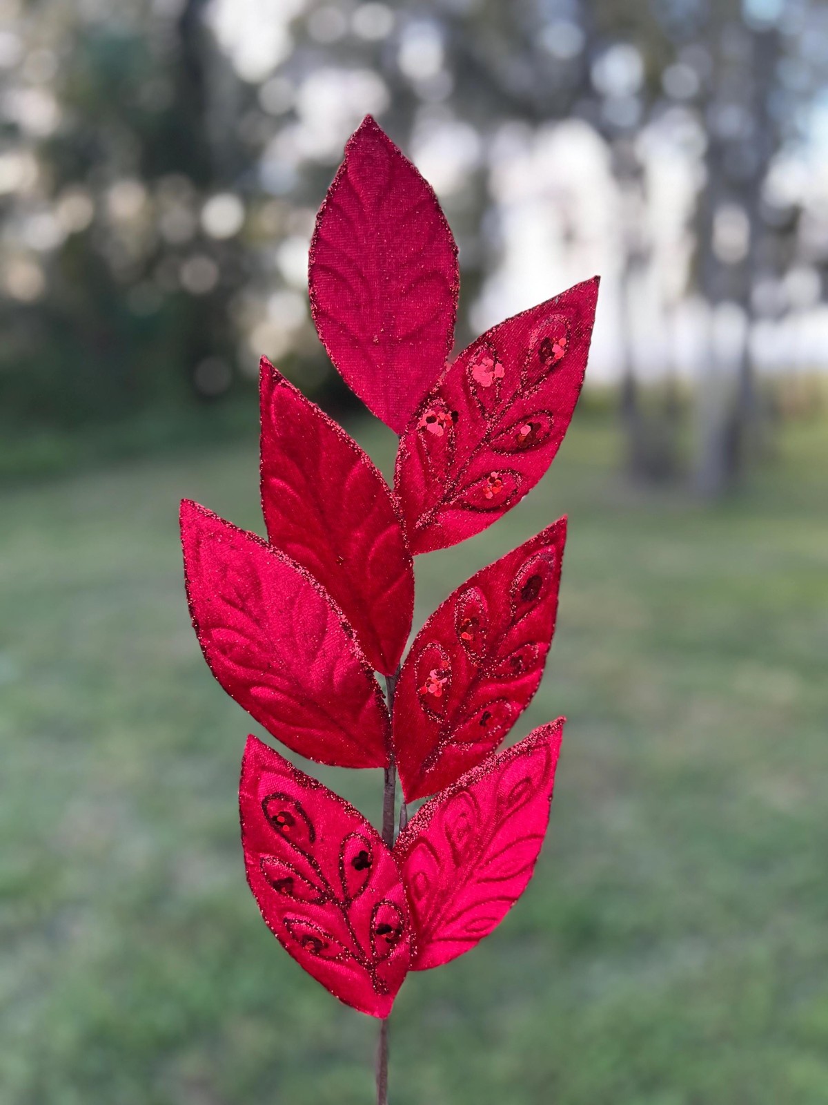Regency Velvet Leaf Spray with Jewels Pick Stem Christmas Tree Decor Accent