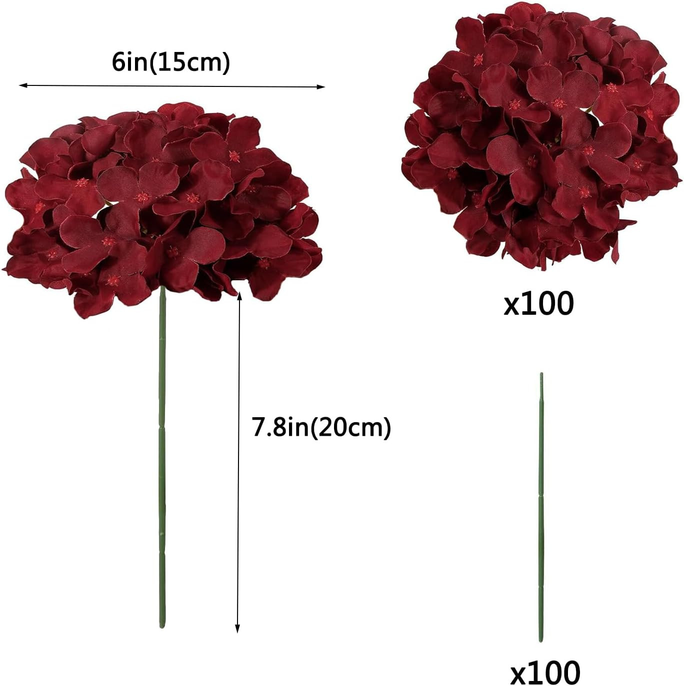 100PCS Burgundy Silk Hydrangea Flowers with Stems for Wedding & Home Decor