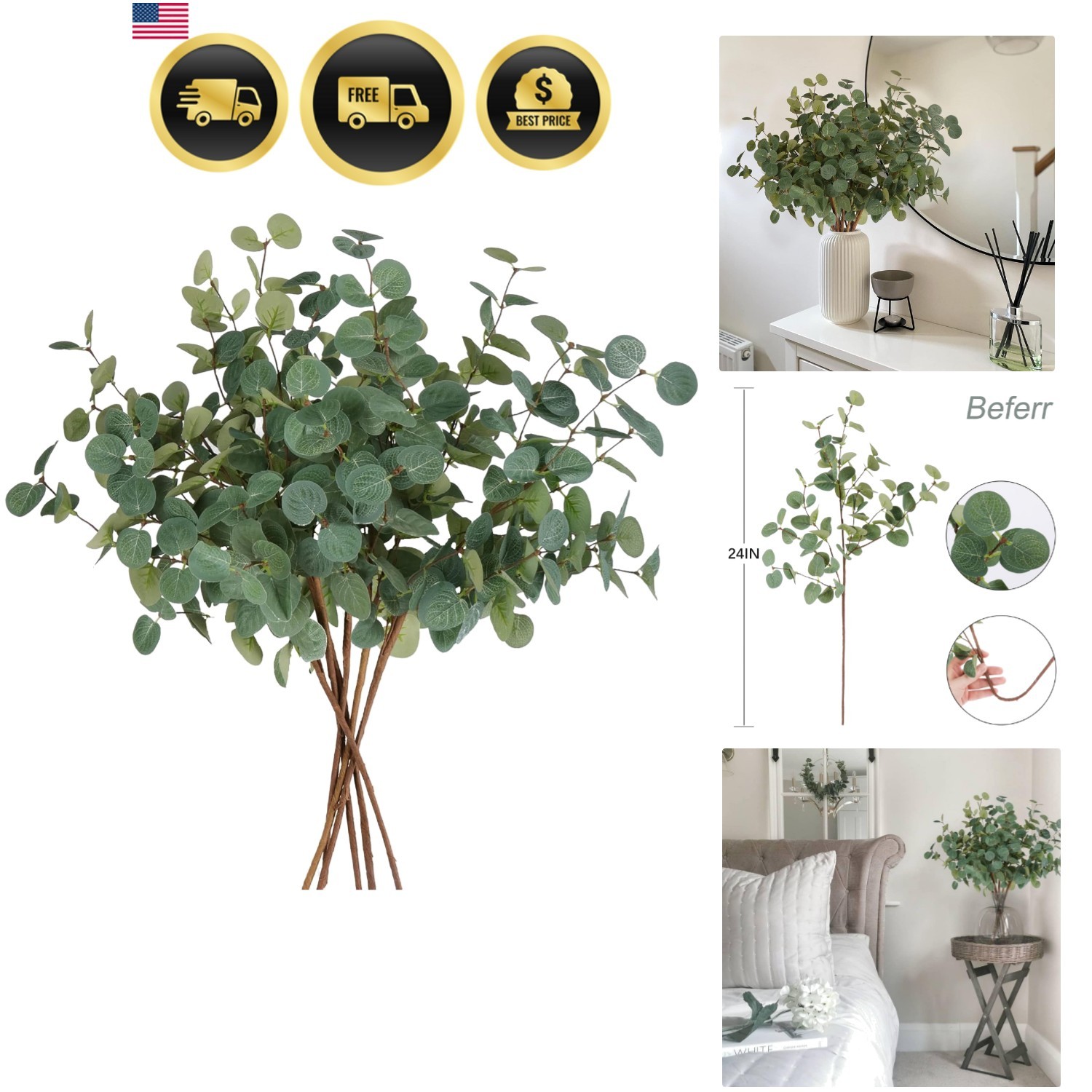6Pcs Artificial Eucalyptus Stems Greenery Stems 24″ Tall Fake Plants Decor Fa…