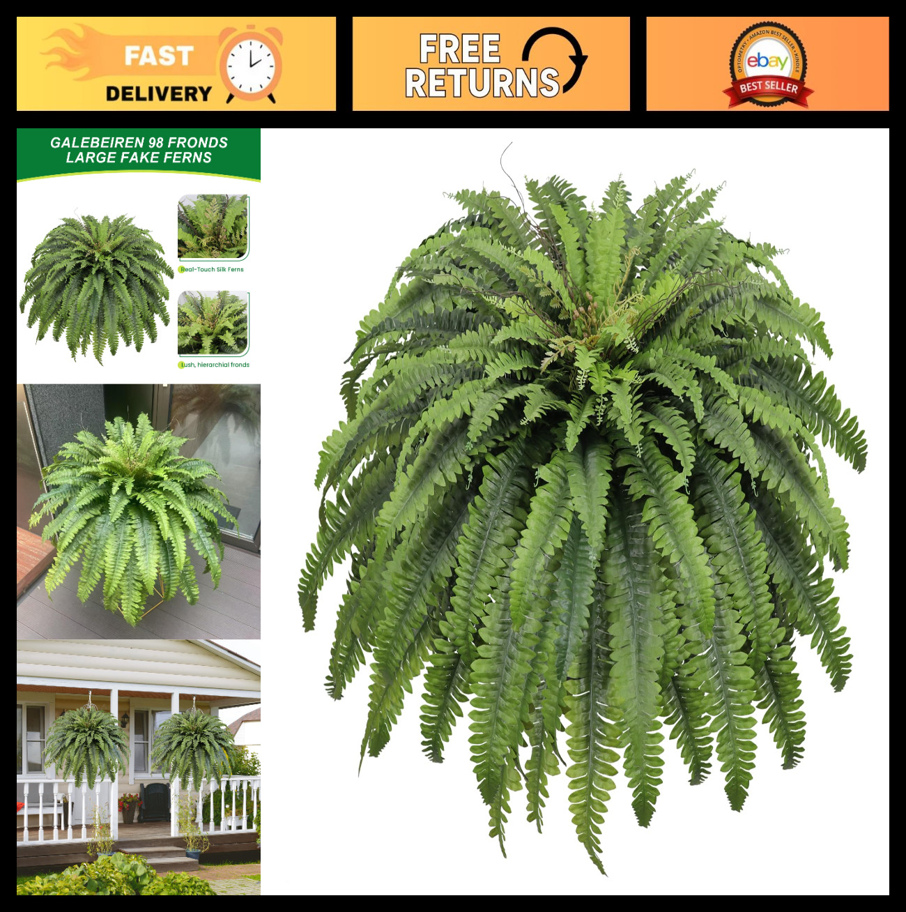50″ Artificial Ferns – 98 Fronds Fake Plants for Indoor/Outdoor Decor, Garden &