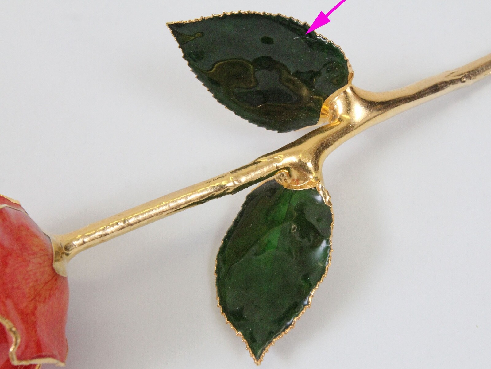 Lacquer Dipped Gold Trim Real Rose Flower 11.5″ Orangish Pink