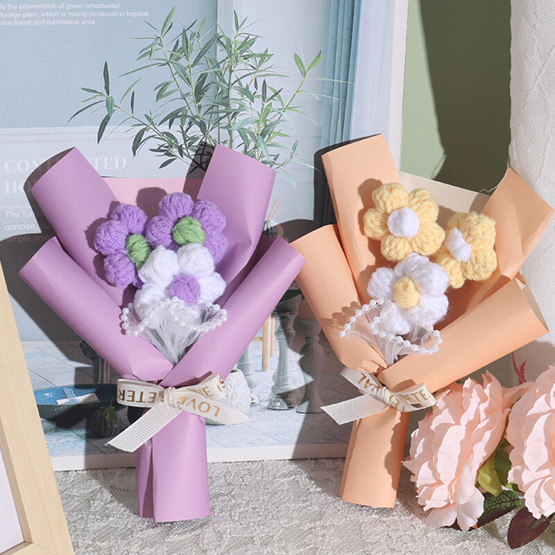 Wedding Handheld Small Bouquet Handmade Crochet Puff Flower Decor Bouquet Party