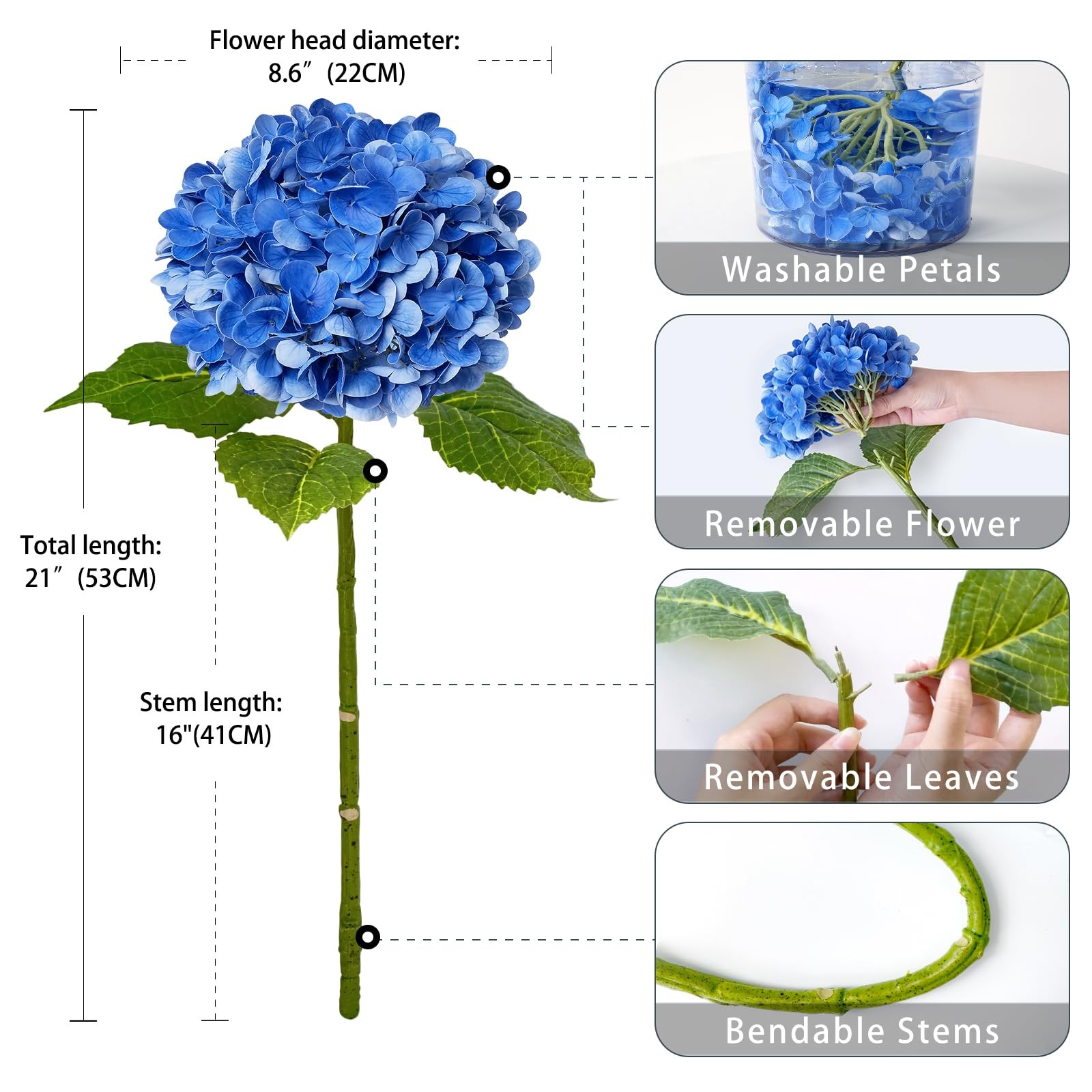 3 PCS Dark Blue Hydrangea Real Touch Artificial Flowers 21” Latex Large Hydr…