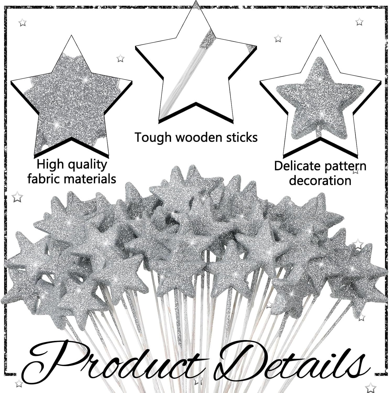 60 Pcs Silver Star Floral Picks 8” Glitter Silver Star Centerpiece Table Decor