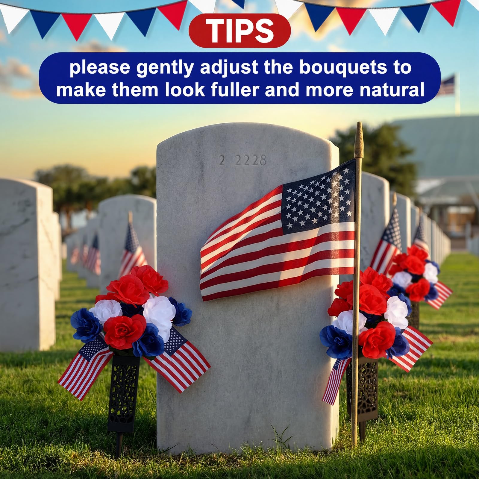 4 Pack Artificial Flowers for Cemetery 4th of July Red White Blue Flowers wit…