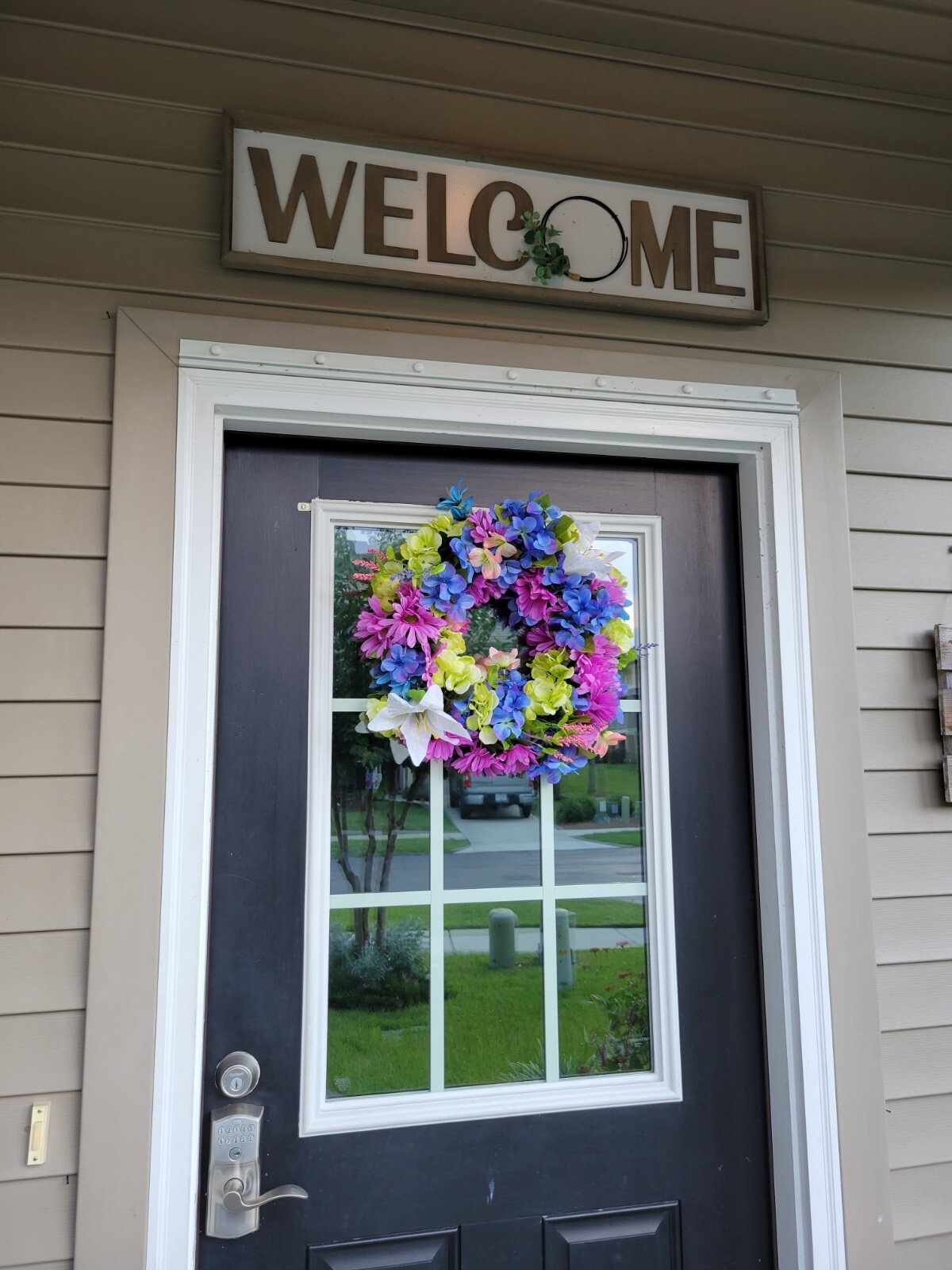 FLORAL one of a kind WREATH flowers Decor Front Door 16″ purple blue pink new