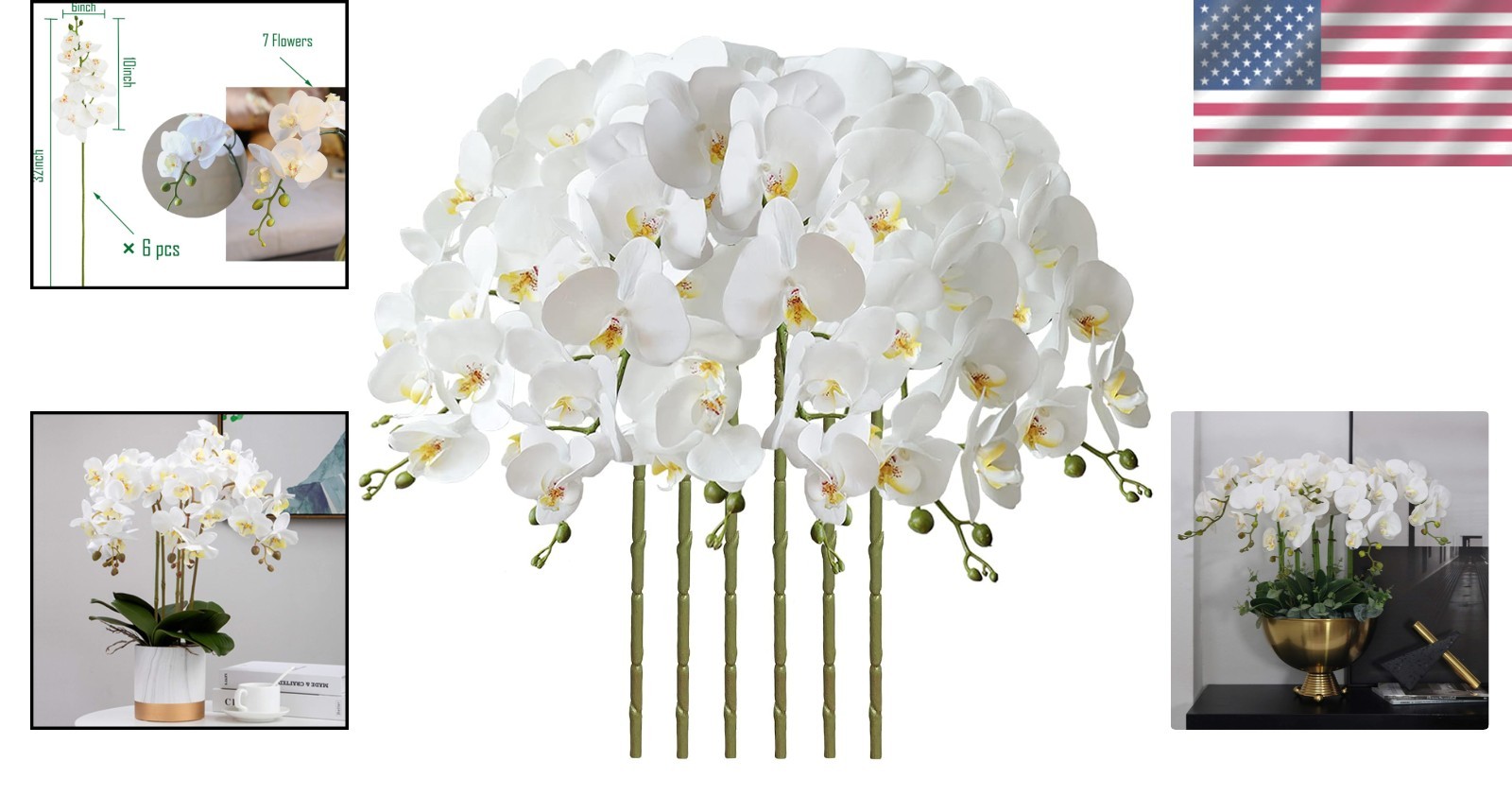 Artificial Phalaenopsis Flowers 32 inch 6pcs White Real Touch Plastic Stems f…