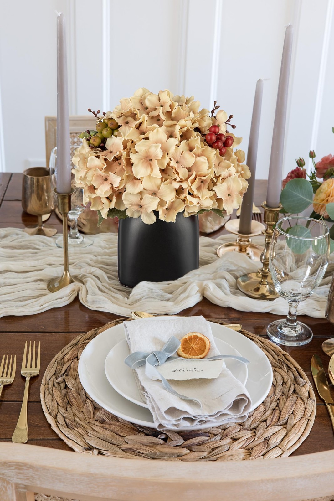 Hydrangea Artificial Flowers in Ceramic Black Vase, Beige Silk Hydrangea Cent…