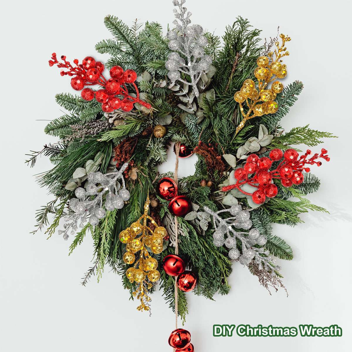 Artificial Glitter Pine/Berry Needles – Fake Branches Picks for Christmas Decor