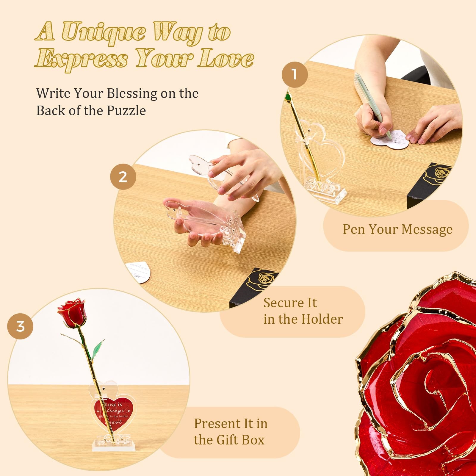 Real 24K Gold Dipped Realistic Rose – Timeless Lifelike Bloom with Heart Puzz…