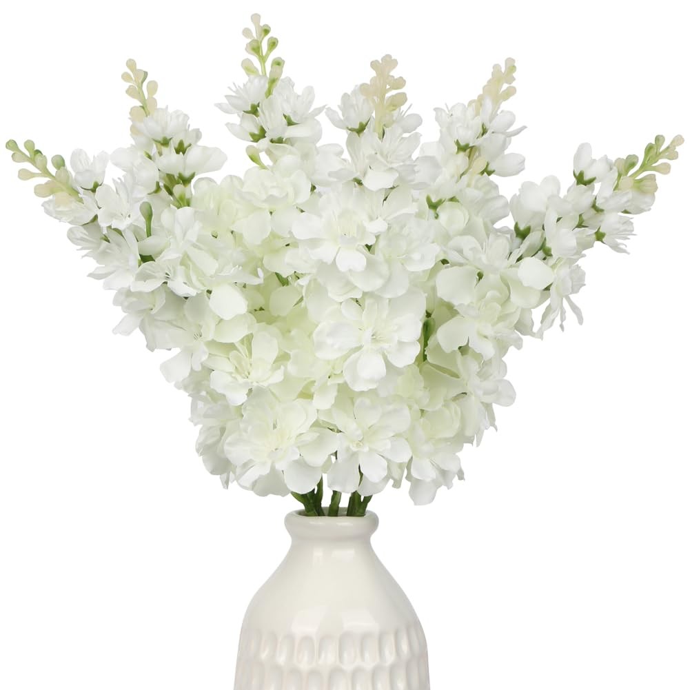 White Delphinium Artificial Flowers 17.5 Inch Fake Larkspur Silk 6 PCS