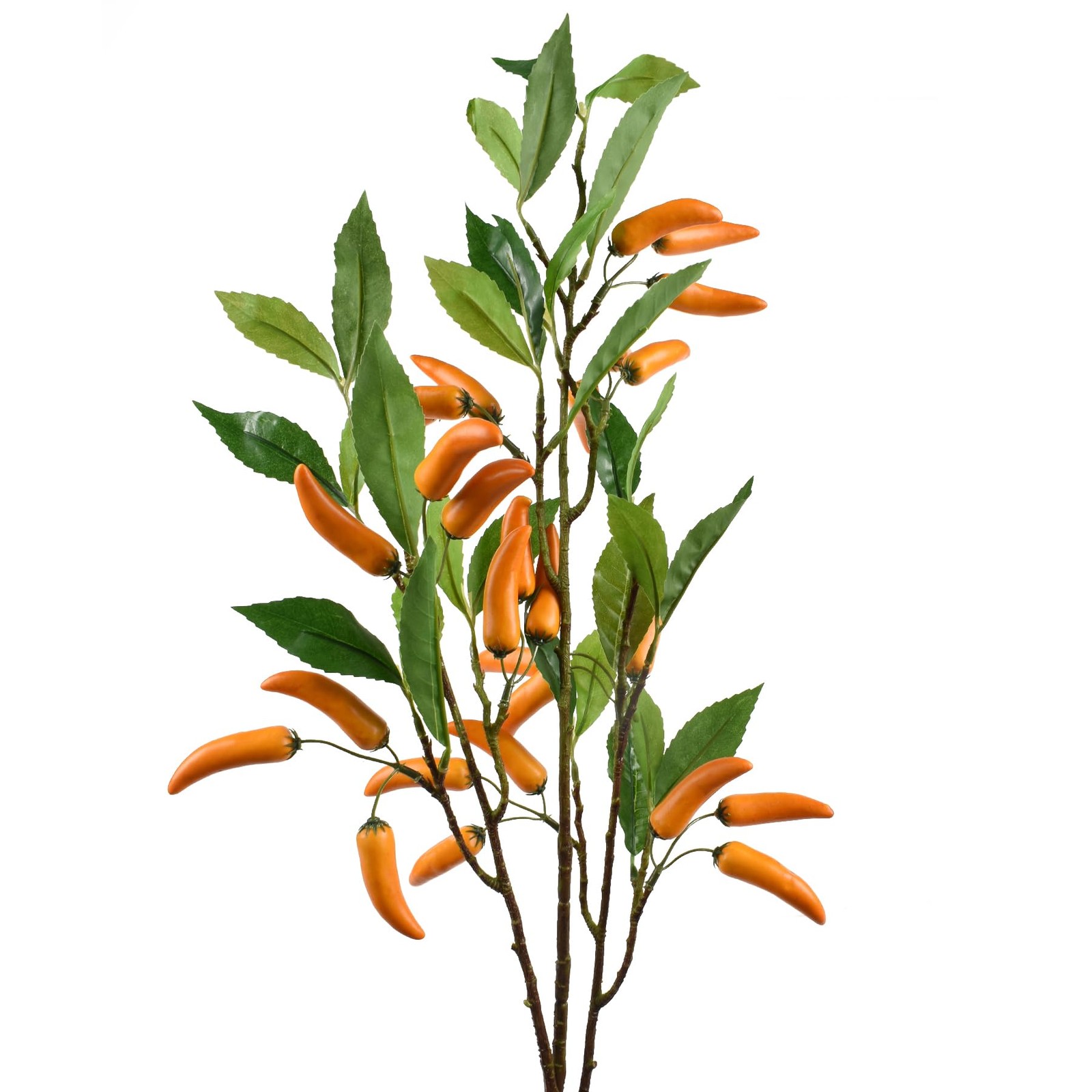 Small Artificial Chilli Pepper Plant Stems with Green Leaves and Orange Pods,…