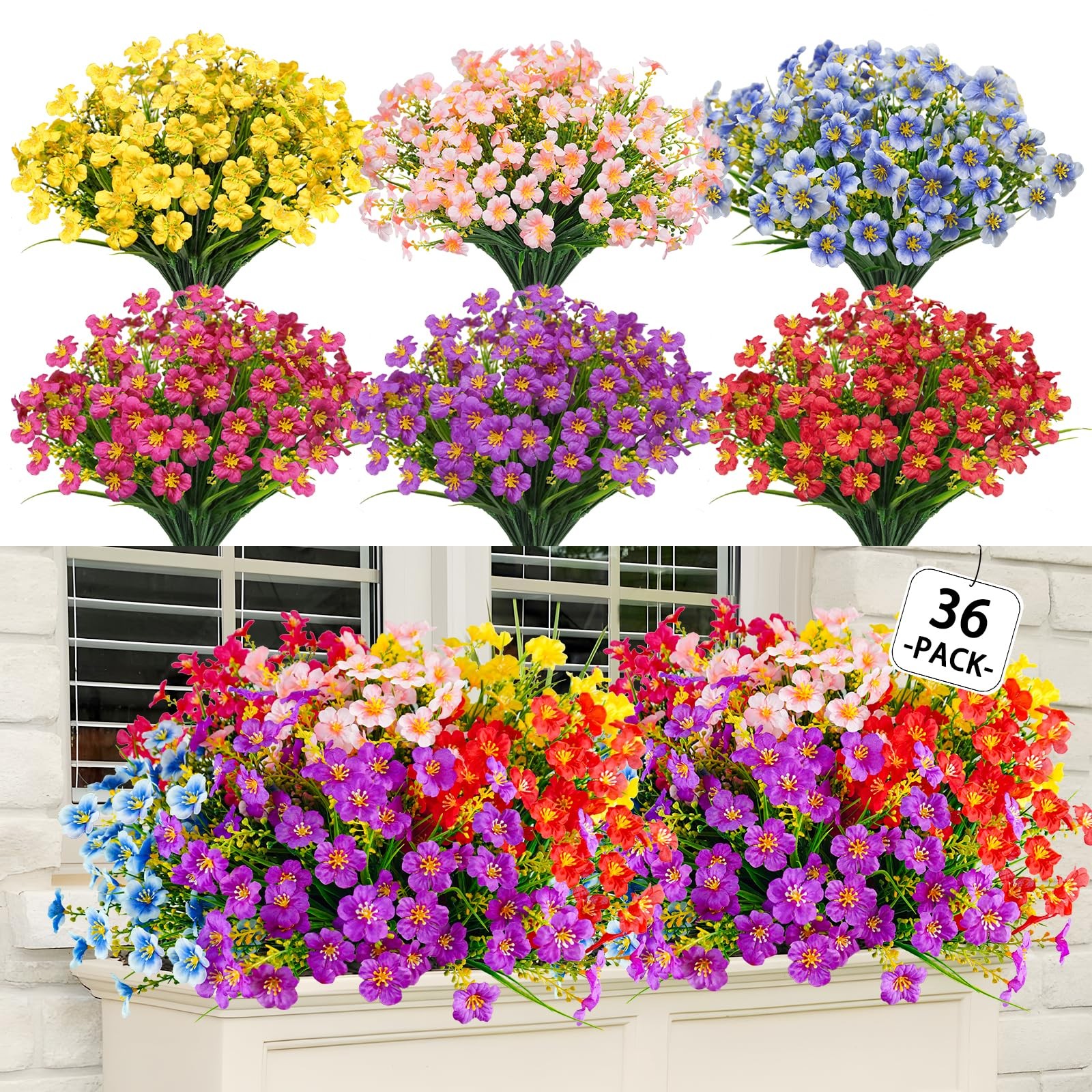 36 Pcs Artificial Flowers for Outdoor, UV Resistant Faux Silk Flowers, Fake F…