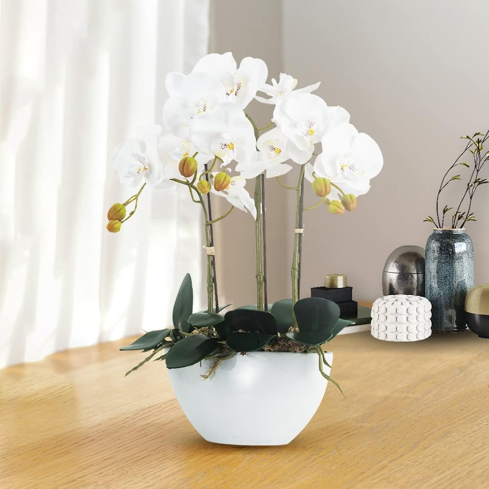 Realistic White Orchid Flowers in Ceramic Pot for Home Office Decor