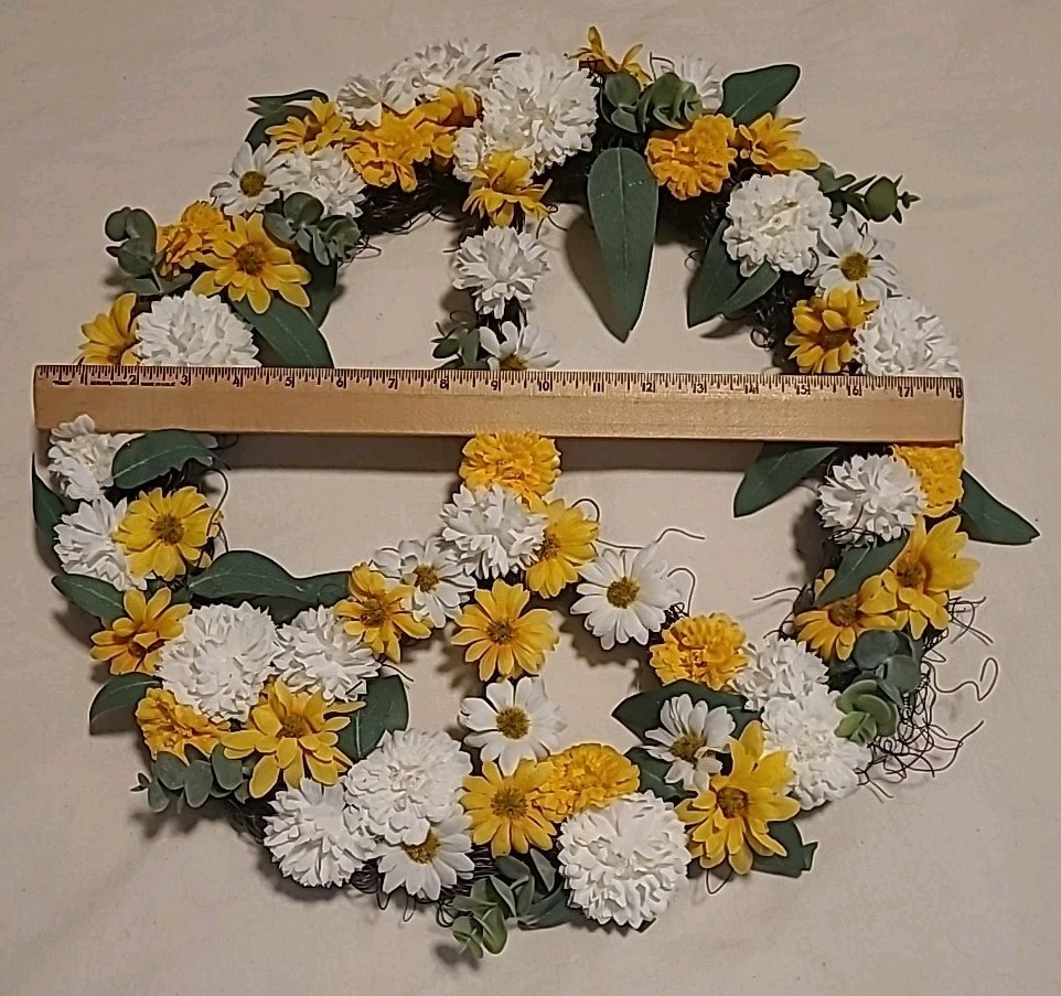 Peace Wreath Carnations Daisies Eucalyptus Leaves Foliage Cottagecore Boho 18″