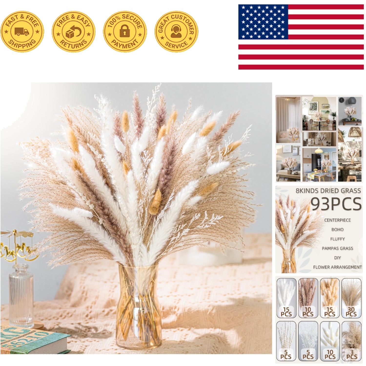 Sustainable Pampas Grass Variety – 93PCS Dried Bouquet for Home and Events