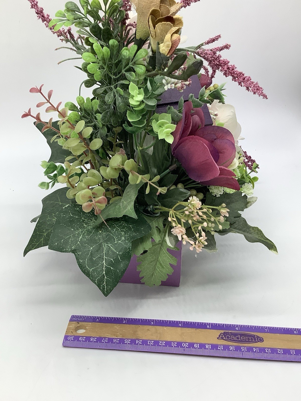 Handmade Purple Floral Arrangement With Hand painted Wood Birdhouse