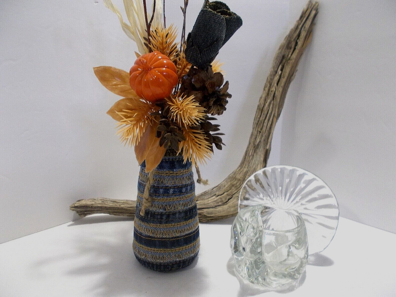 Recycled Denim Jeans Seams Vase w Denim Rose & Vtg. Glass Turkey Candle Holder
