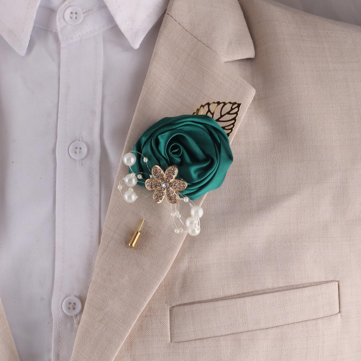 5pcs Emerald Green Boutonniere, Gold Leaf, Faux Silk Rose, Corsage, Wedding