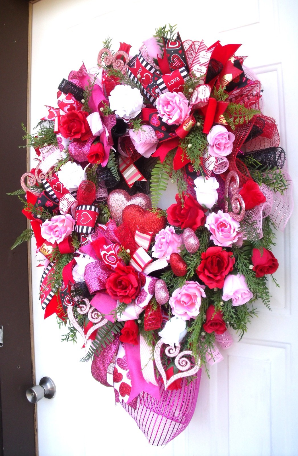 Valentine Ribbons & Roses Wreath-Hearts-Greenery, Reds/Pinks/White-Door or Wall