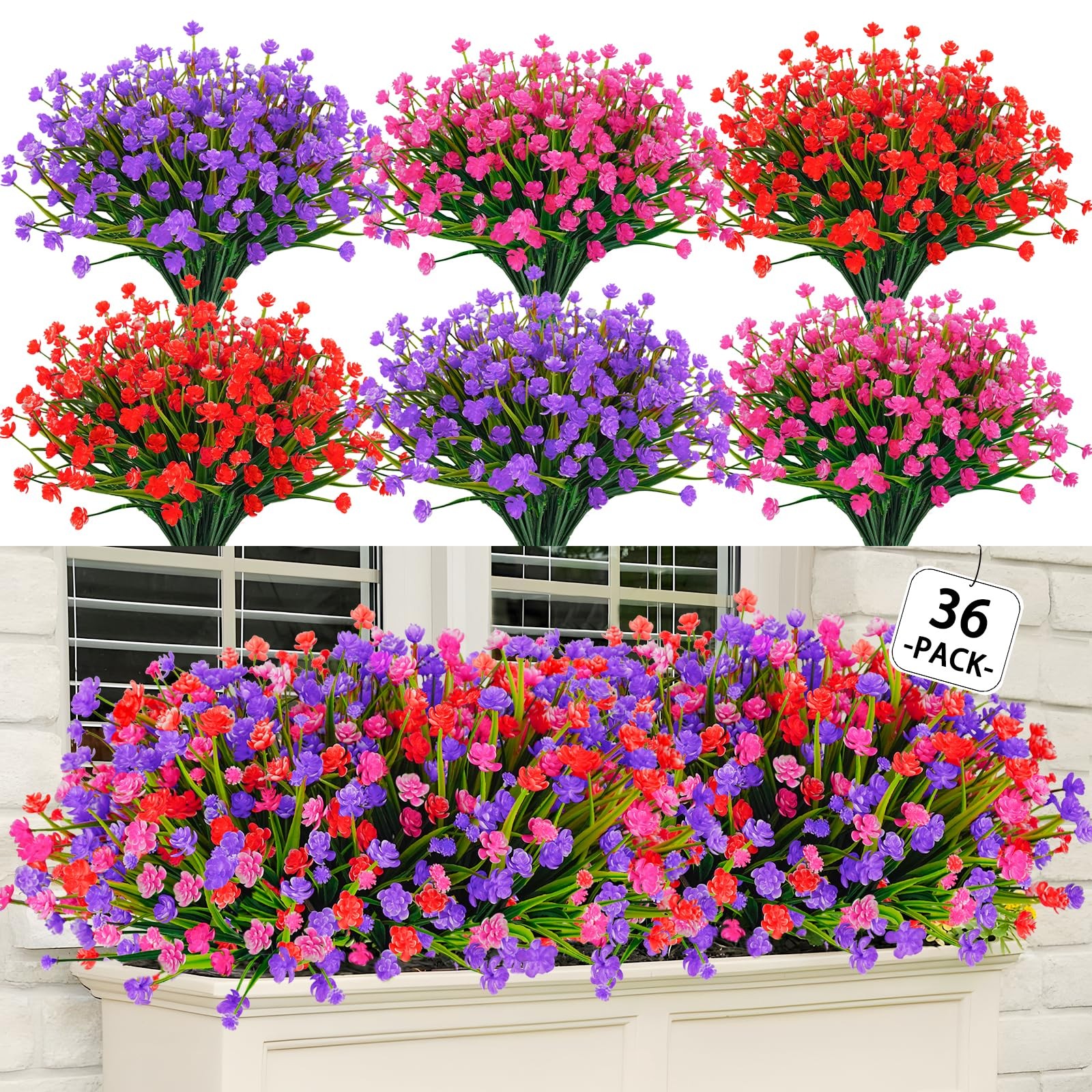 36 Pcs Artificial Flowers for Outdoors, UV Resistant Faux Plastic Plants, Fak…