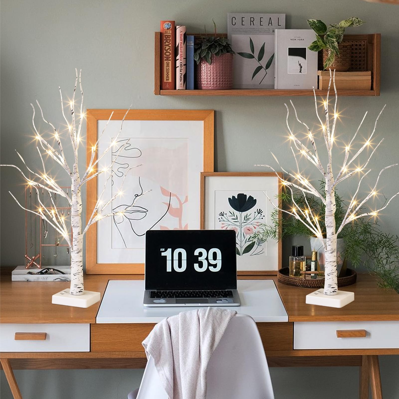 White Birch Tree with LED Lights – Set of 2, Tabletop Tree with Timer, Christ…