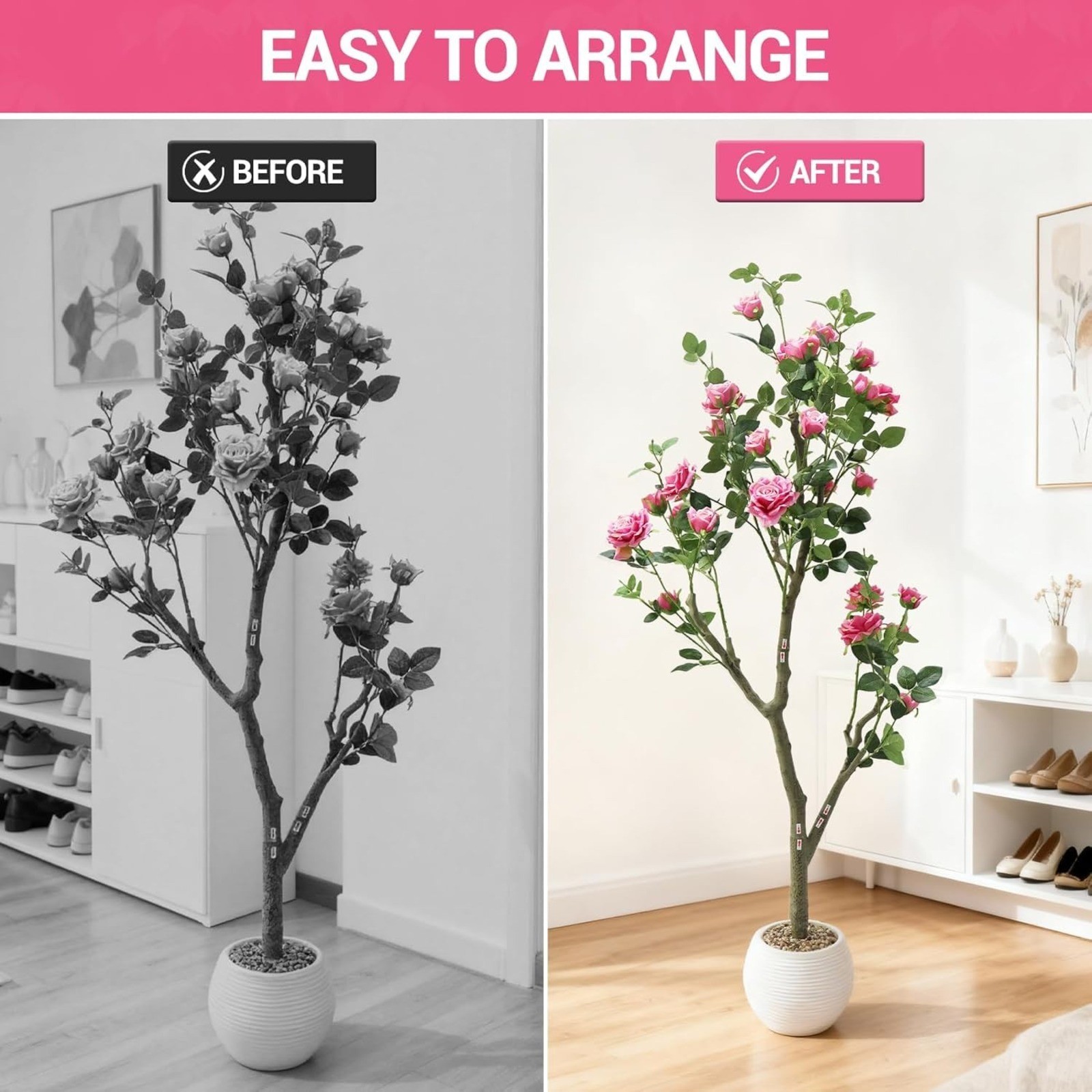 5ft Artificial Rose Tree Faux Blooming Rose Plant with White Striped Oval Pot