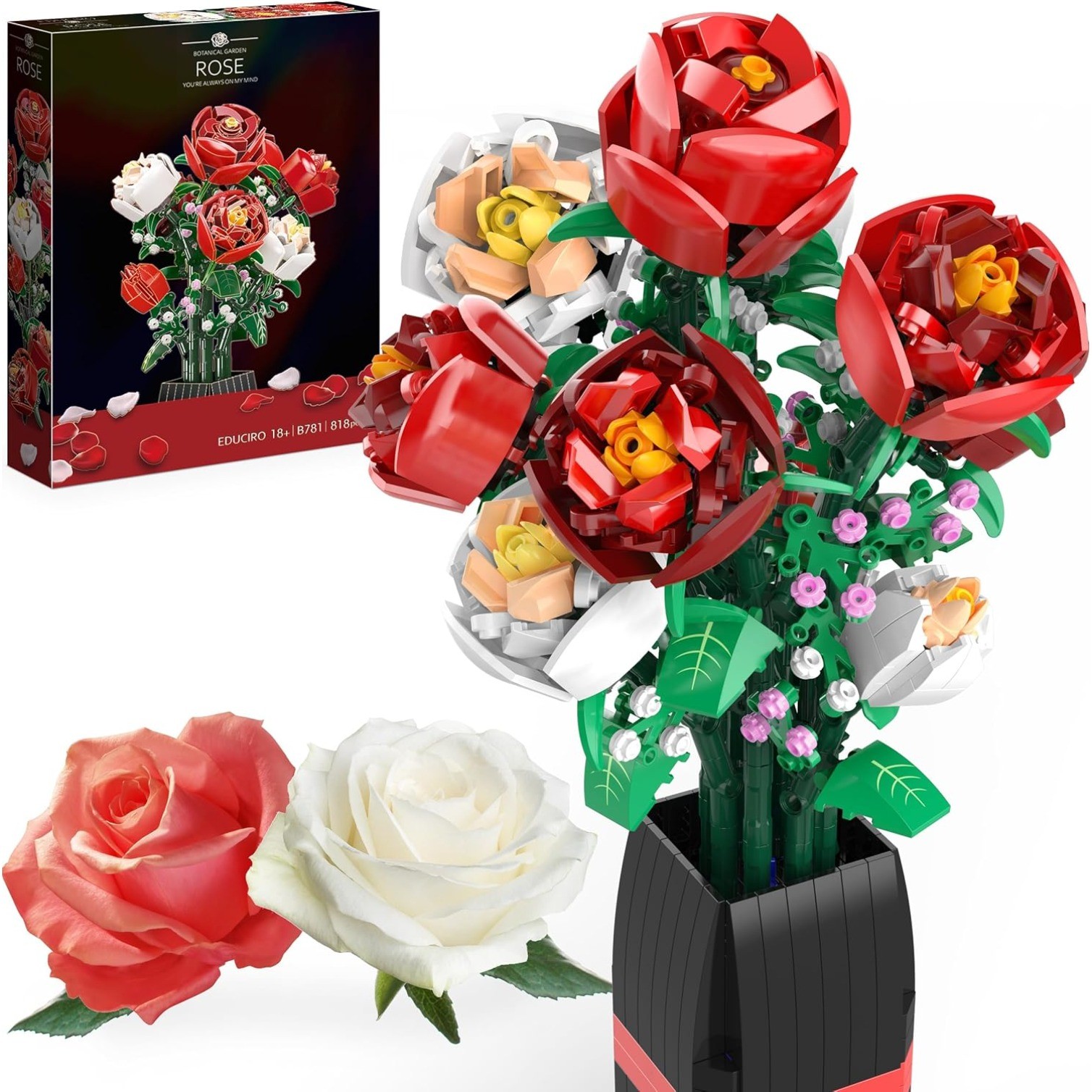Flowers Bouquet Building Decoration Set with Vase, Gift for Women Girls Boys