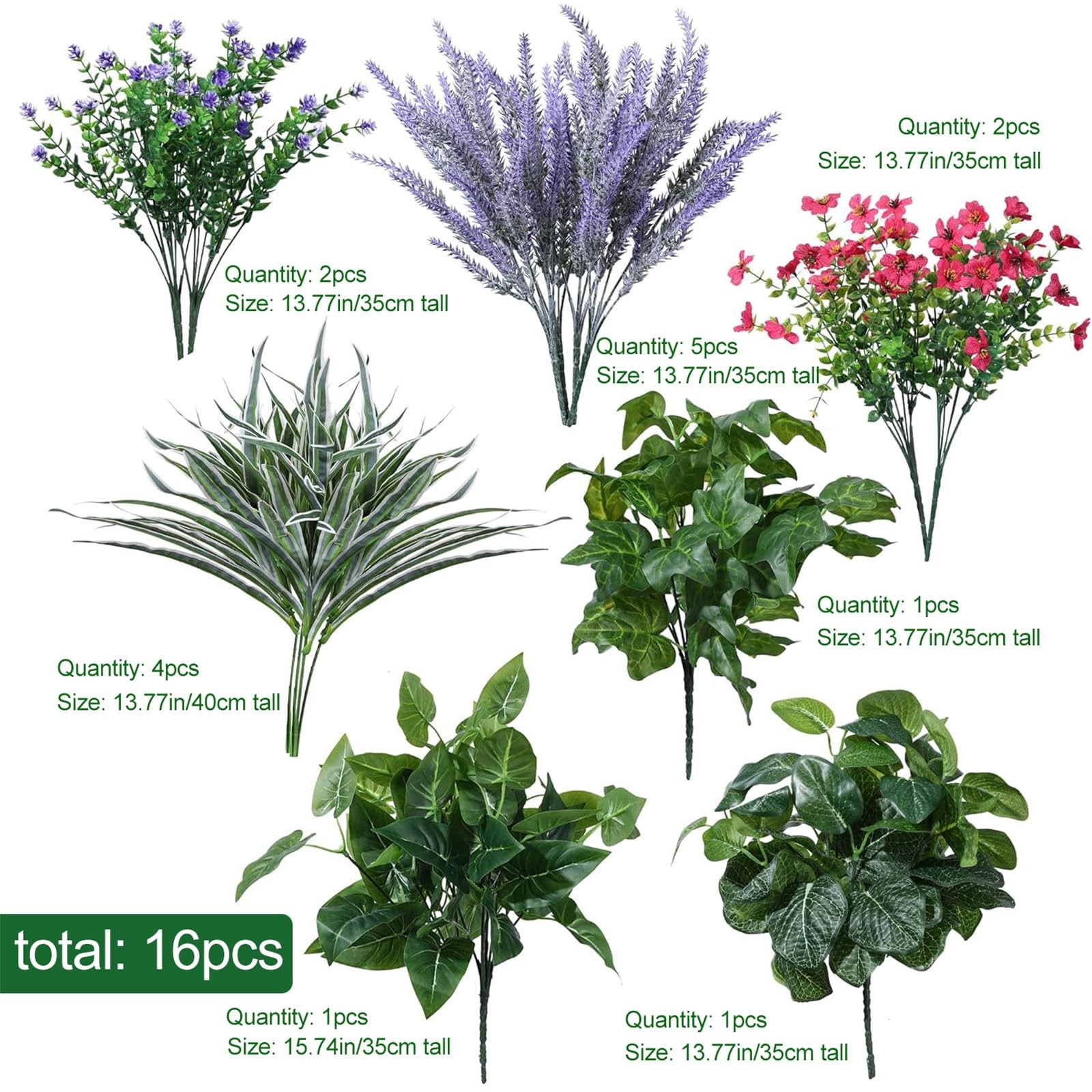 16 Bundles Artificial Plants for Outdoors, Realistic Faux Bushes Mixed Fake P…