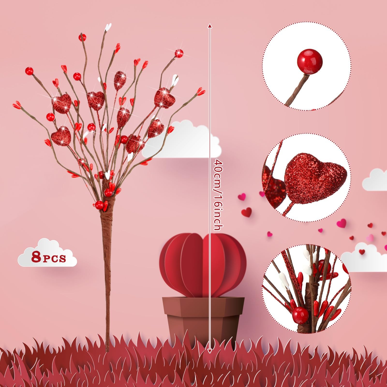 8 Pack Valentine’s Day Artificial Glitter Berry Flower Stems Heart Shaped Ber…