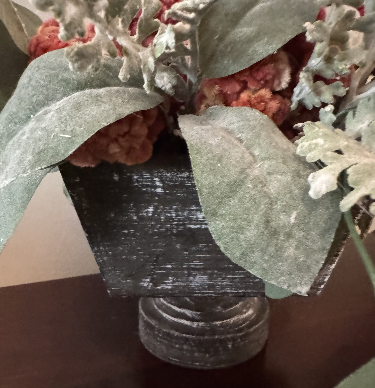 Orange Dried Floral Centerpiece Decor & Faux Green Leaves Metal Base Wooden Box