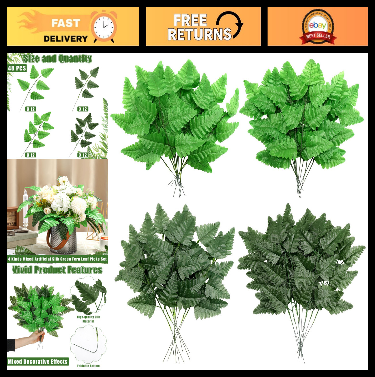 48 Pcs Faux Leather Fern Stems – 4 Styles, 15.8″ & 14.6″ Greenery Picks for Wedd
