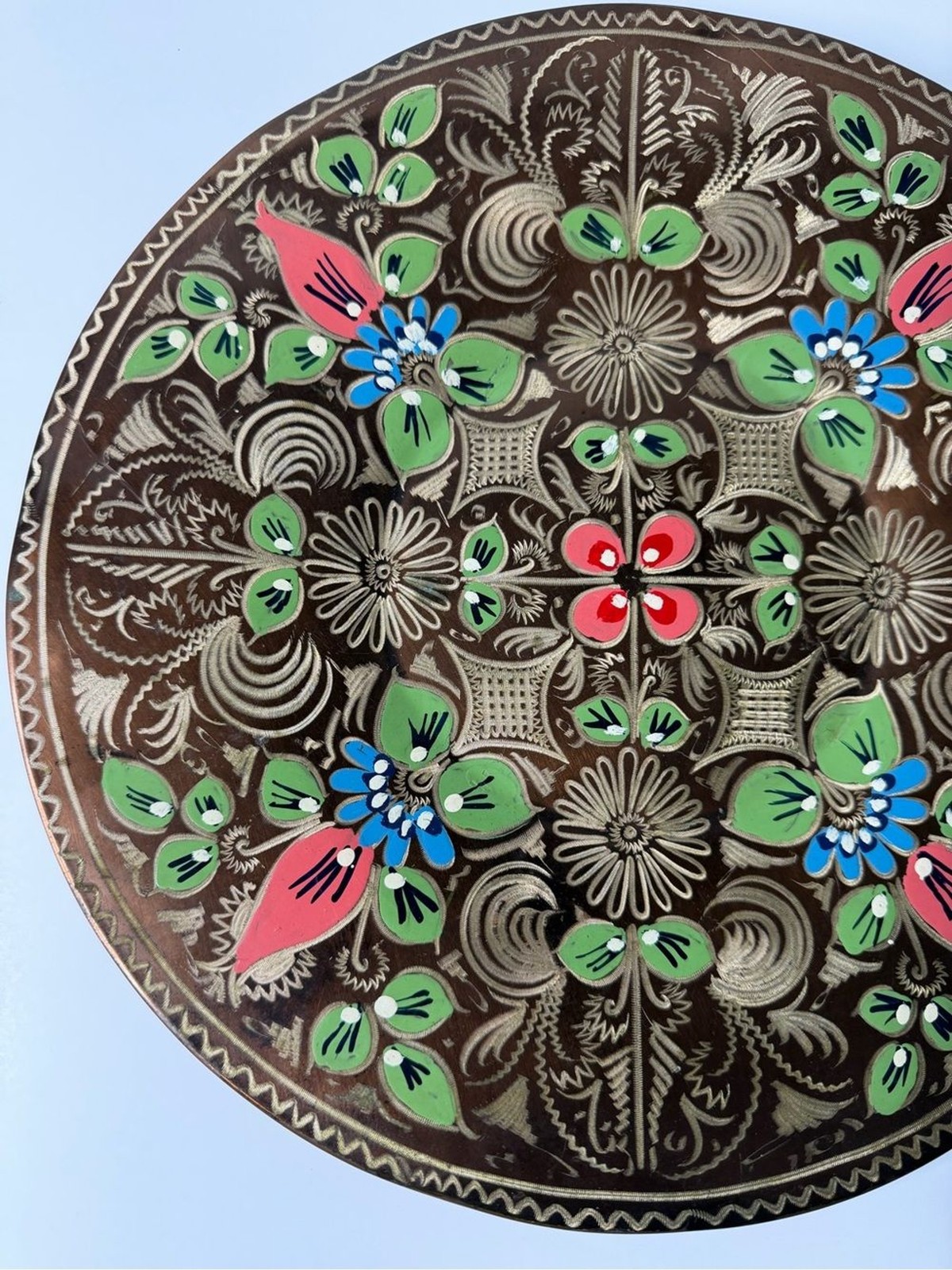 Vintage Turkish Hand Painted Copper Wall Plate 11.5″ Boho Floral Narol Decor