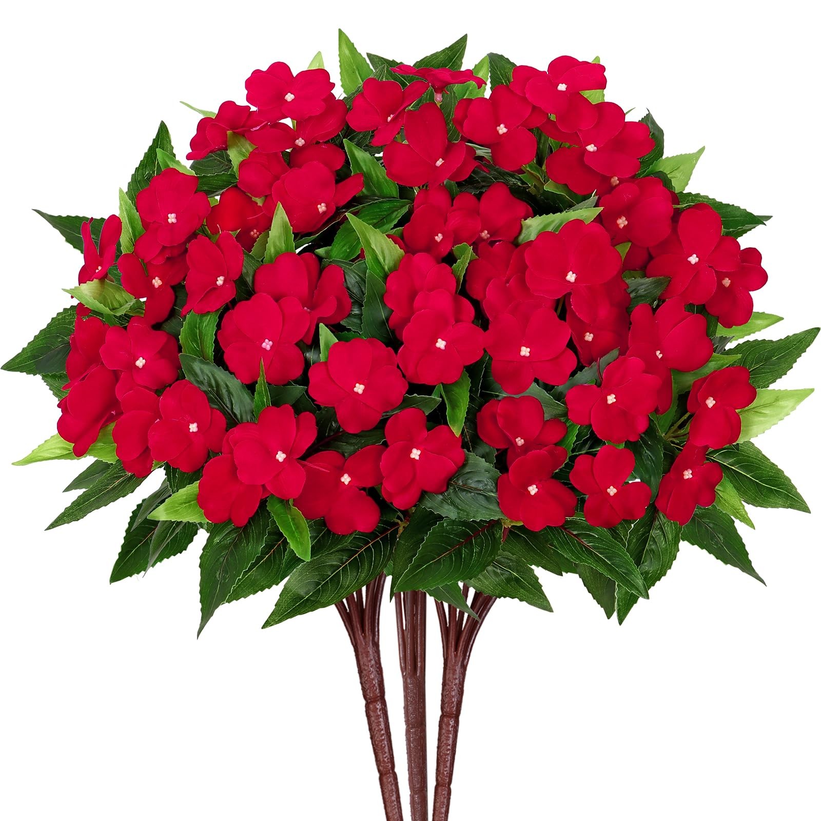 KHOYIME Artificial Flowers for Outdoors 3PCS Red Fake Impatiens Flower Bouque…