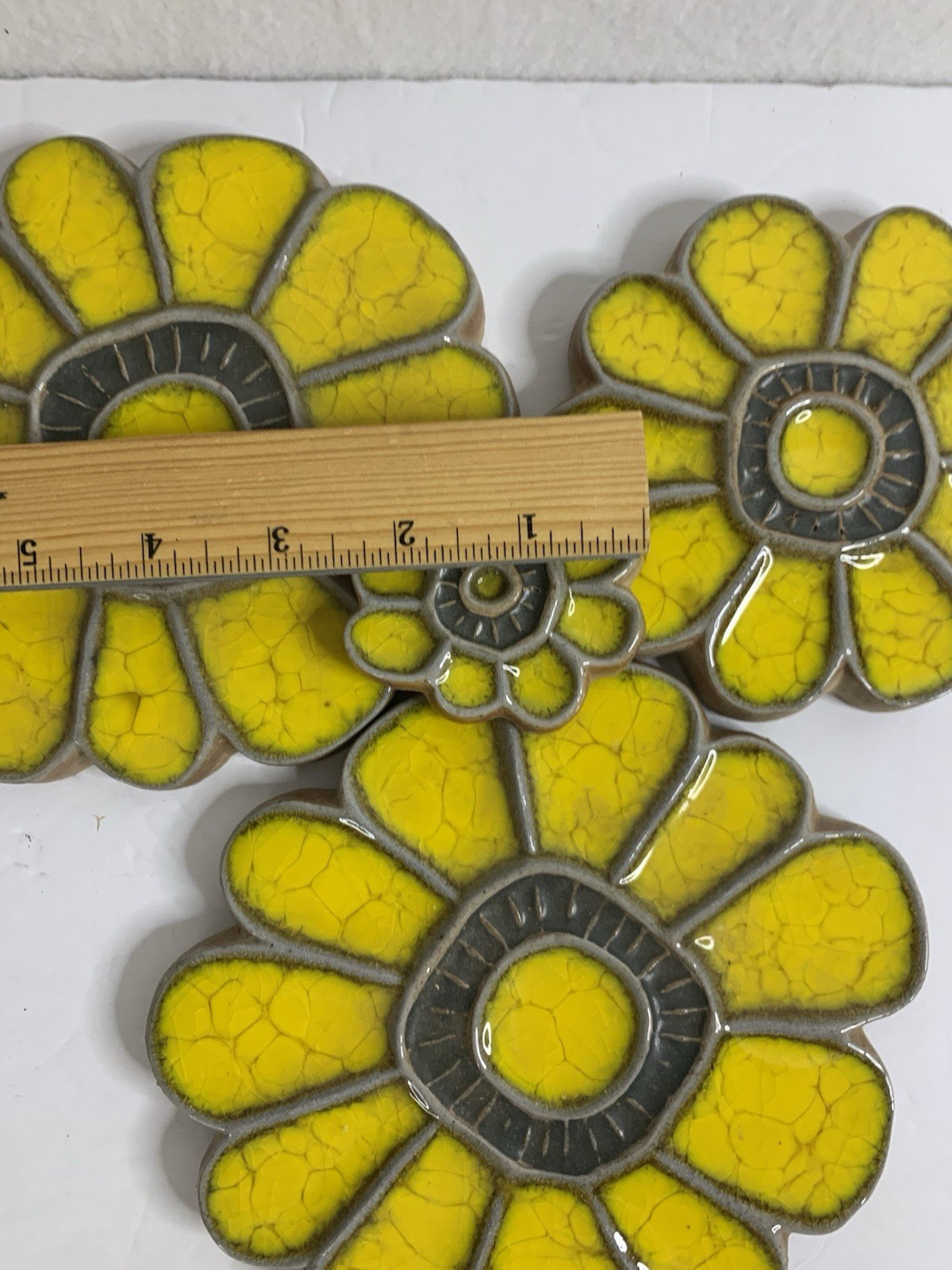 Pottery Decor Handcrafted Crackle Glazed Ceramic Folk Art Lot 4 Yellow Flowers