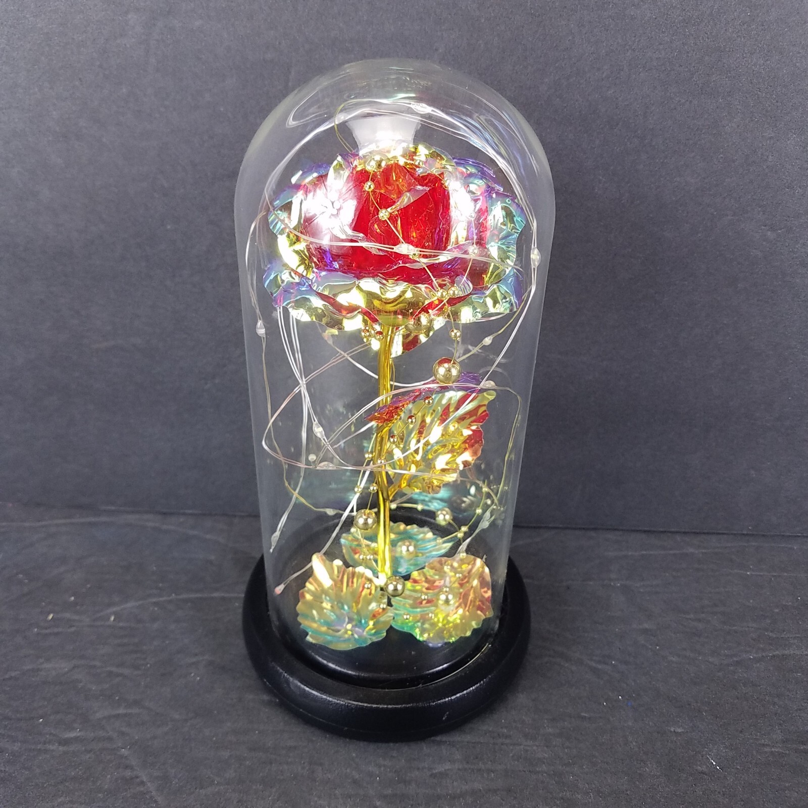 Faux Iridescent Rose Glass Display Dome Lighted RGB White Home Decor 8.5″ Tall