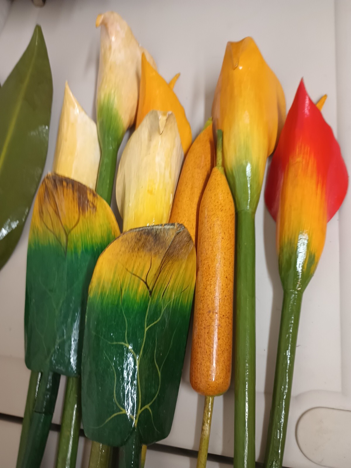 VTG Wood Tropical Flowers Long Stem 36″ Leaves Lot Of 13 Wooden Painted Carved