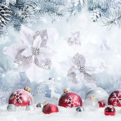 36 Pieces Christmas Poinsettia Glitter Faux Flowers Christmas Silver