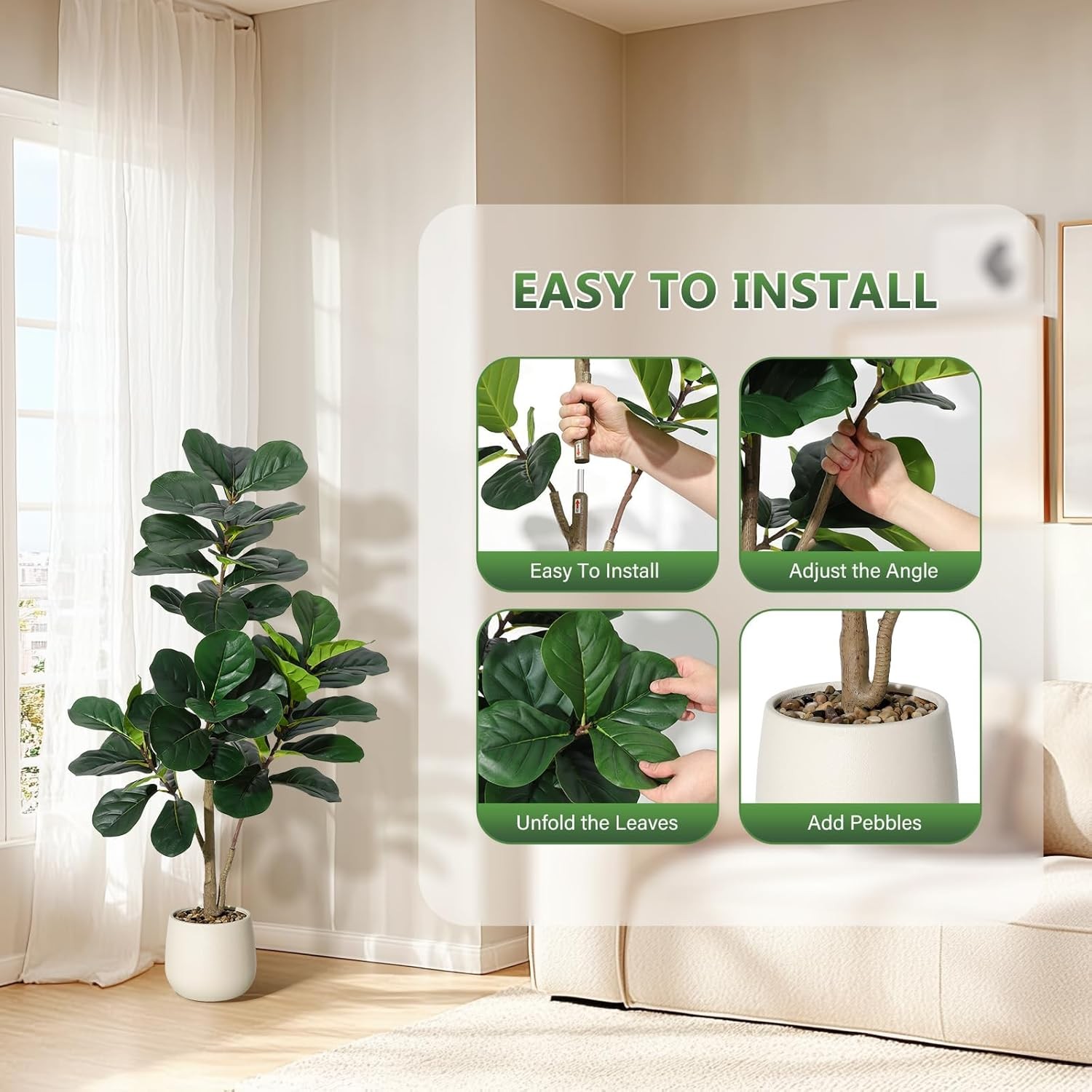 Artificial Fiddle Leaf Fig Tree Faux Ficus Lyrata Indoor Plant w/ Pot Multi Size