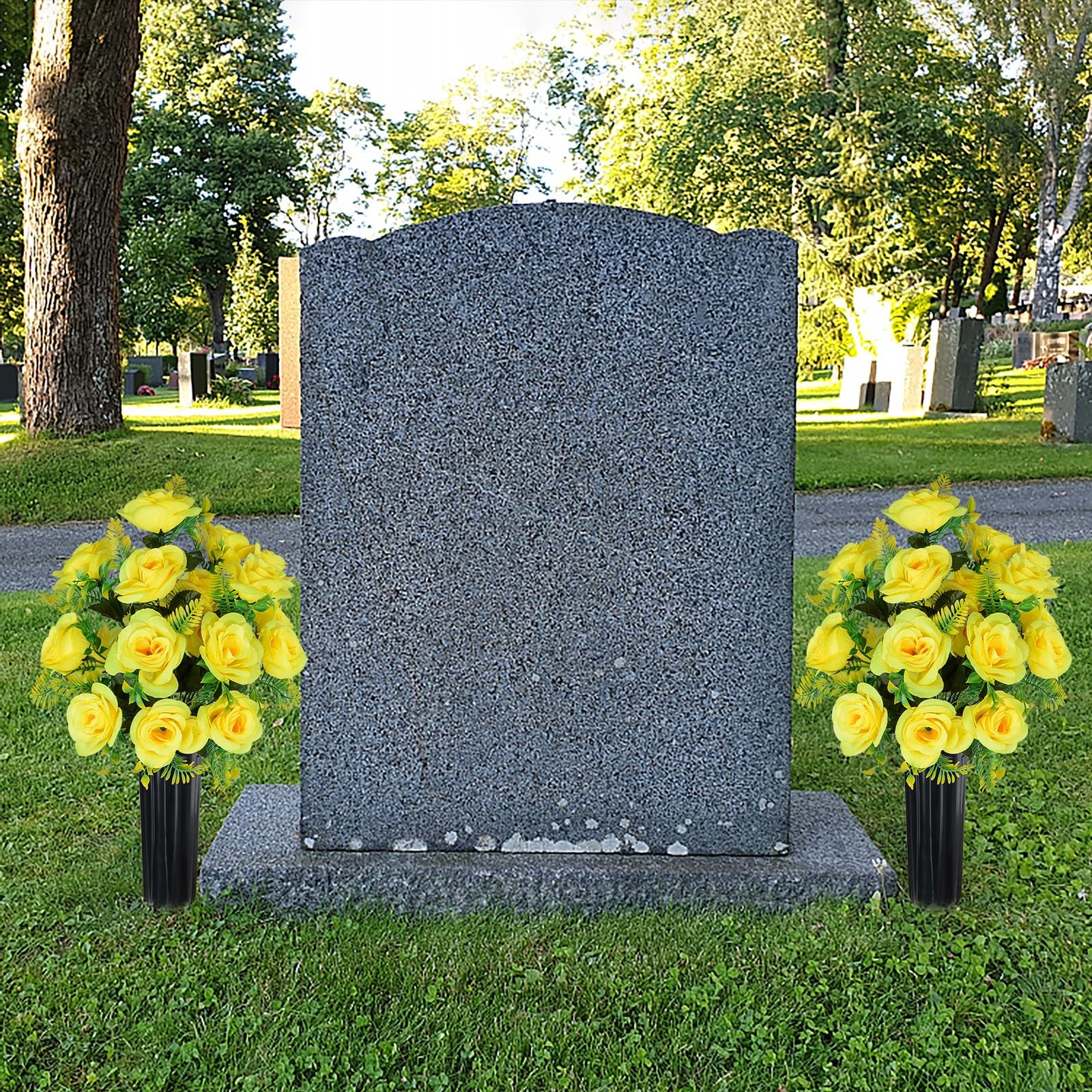 2 Sets Yellow Artificial Rose Bouquet with Vase for Cemetery Graveyard Decor