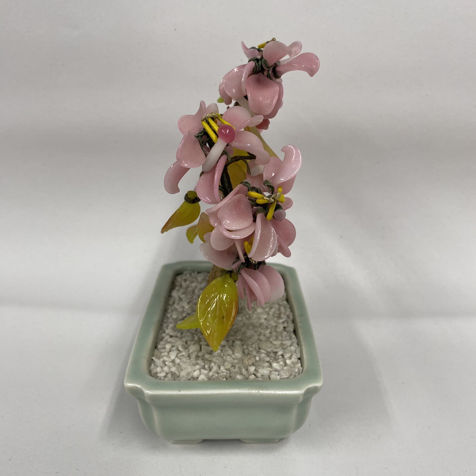 Glass Bonsai Tree Pink Flowers Artificial Plant Oriental Home Decor Vtg