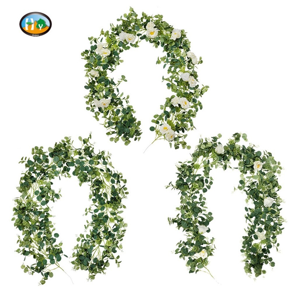 Artificial Acacia Vine 2M with White Faux Roses and Leaves for Weddings