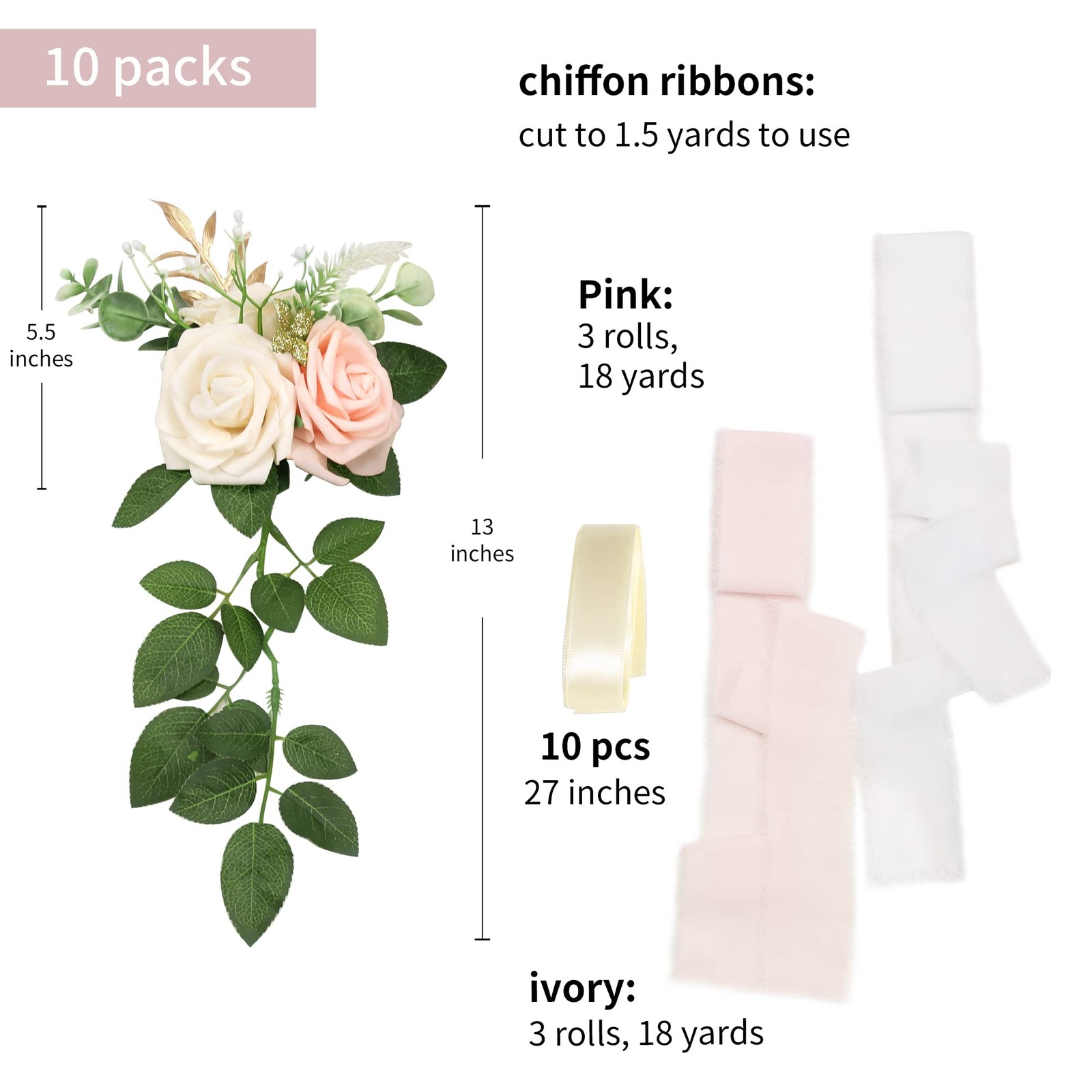 Wedding Aisle Decorations – Set of 10 Pew Flowers – Artificial Roses & Eucaly…