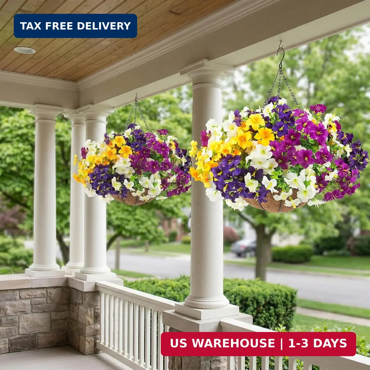 2 Set Artificial Outdoor Flowers with Hanging Baskets,24 Pcs UV Resistant Faux P