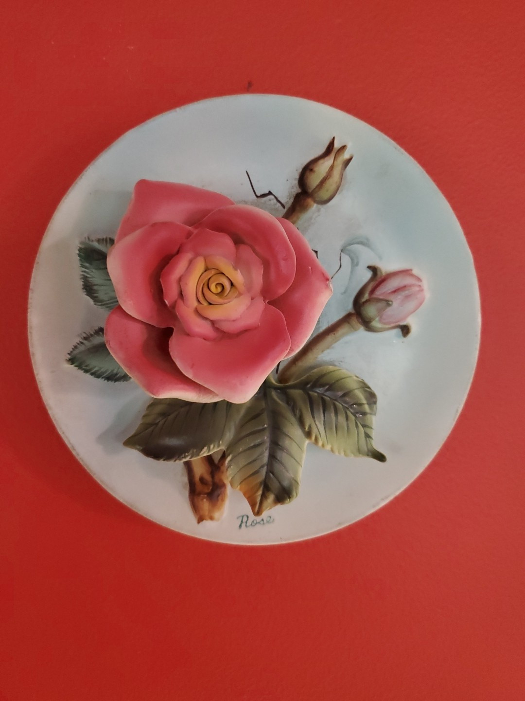 Vintage Napco Japan Ceramic 3D Raised Rose Wall Plaque Hanging Display Plate 5″