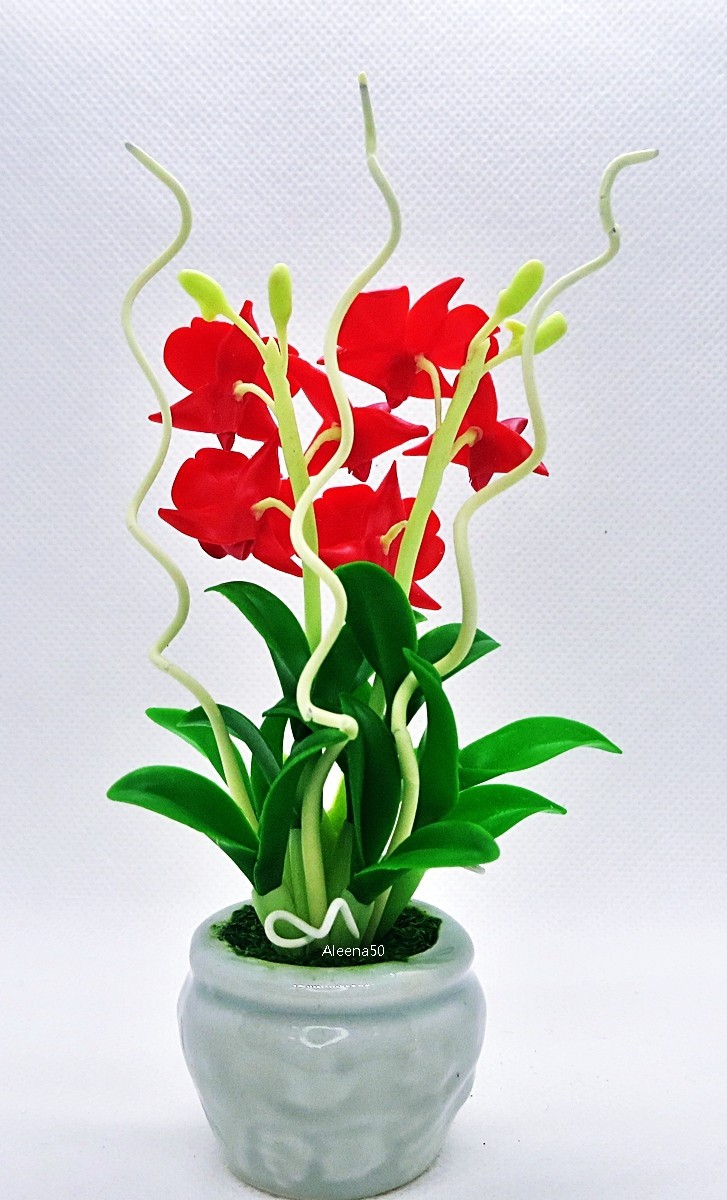 USstock 4″H Air-Dry-Clay Handmade Miniature Dendrobium Orchid Arrangement.