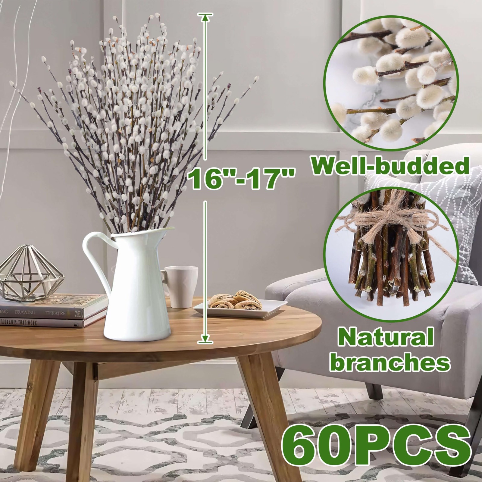 Dried PussyWillow Branches 60 Stems 17″ White Flowers Indoor Outdoor Decor