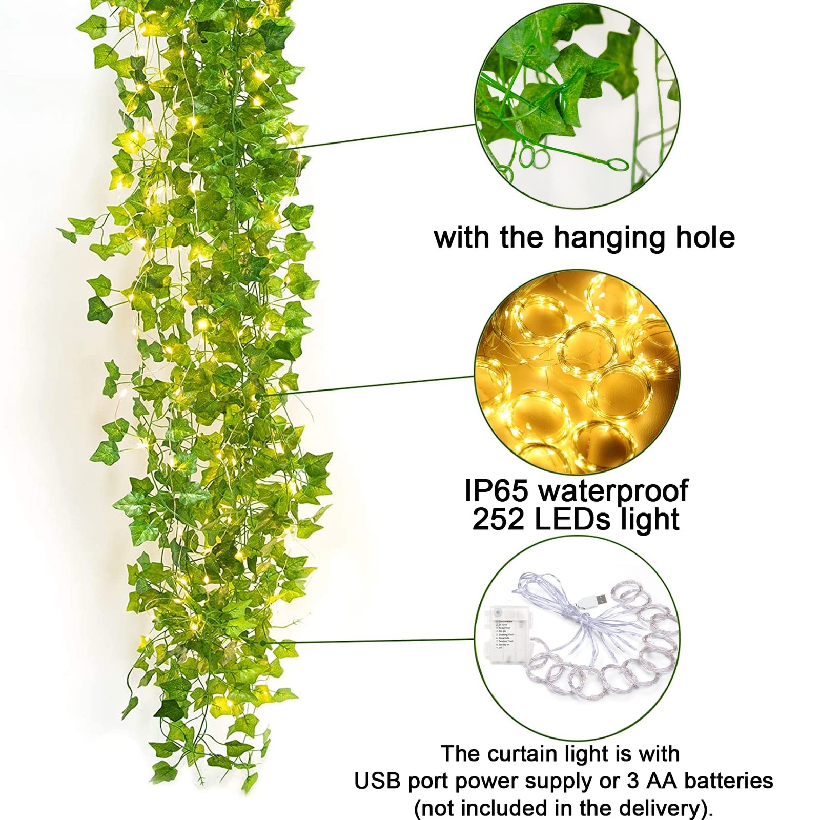 12 Pack Artificial Ivy Leaf Plant With 252 Led Fairy Window Curtain String Light