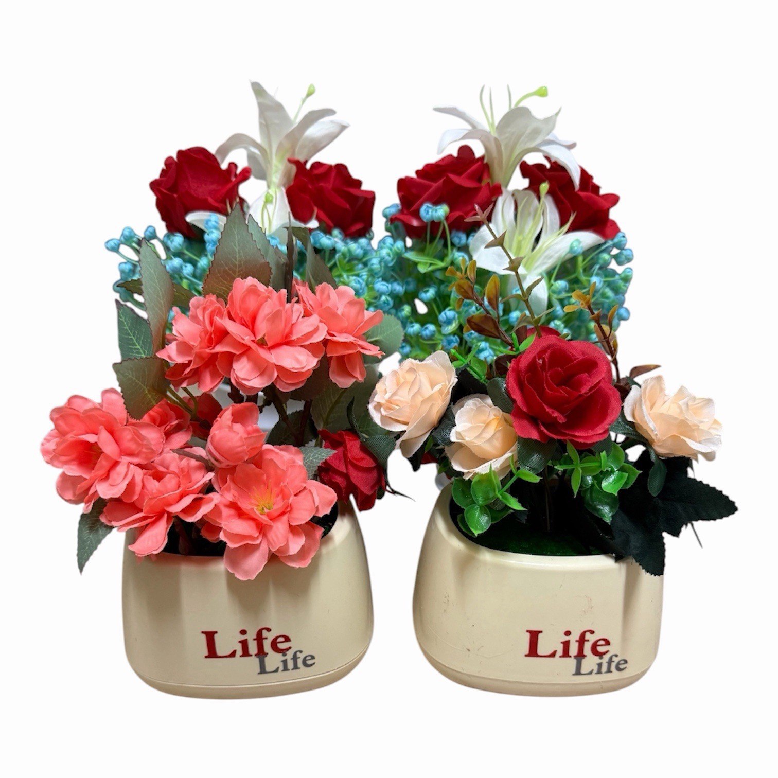 Set of 4 Artificial Flower Arrangements in Pots Roses Lilies Home Decor