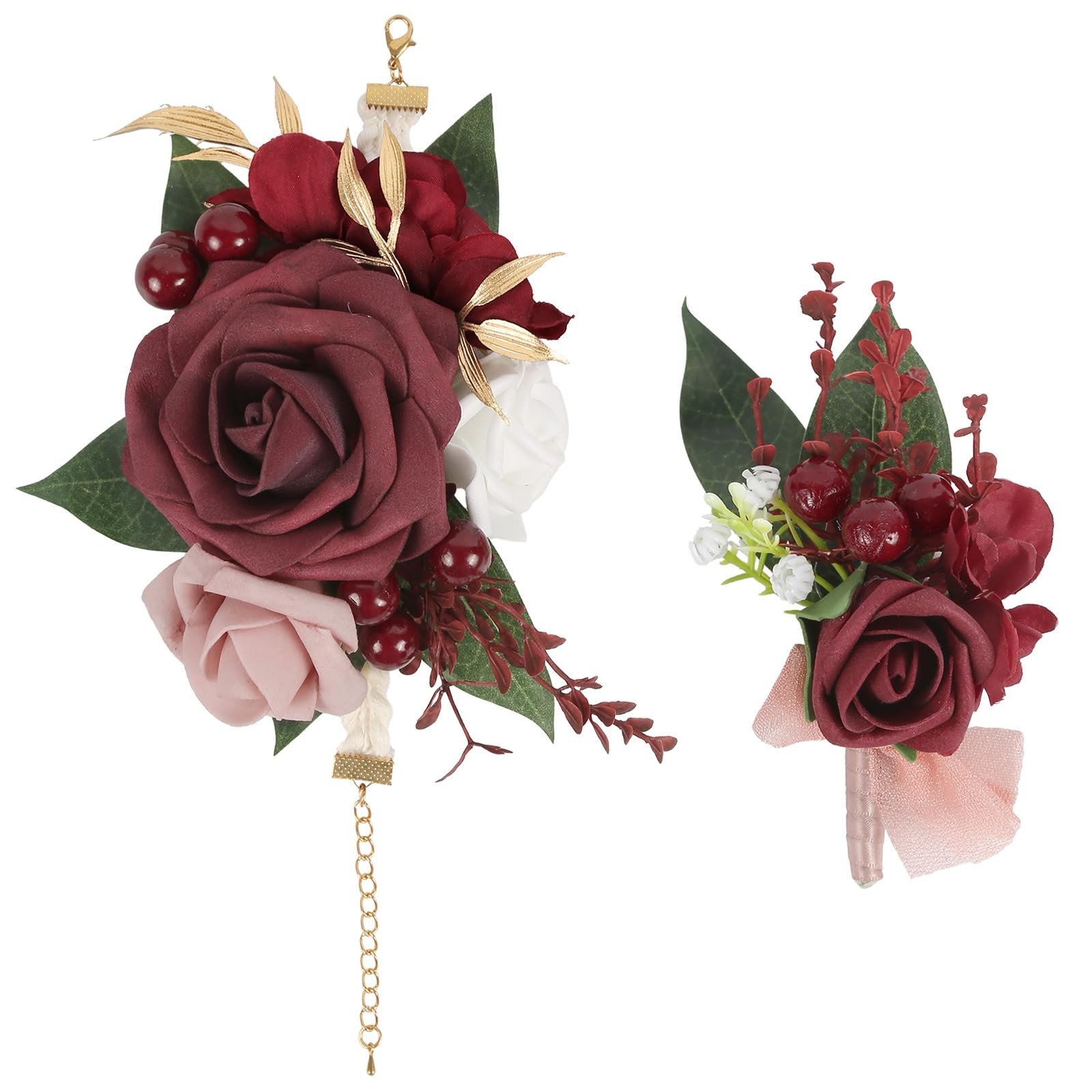 2 PCS Burgundy Rose Wedding Corsage And Boutonniere Set For Men Women Prom